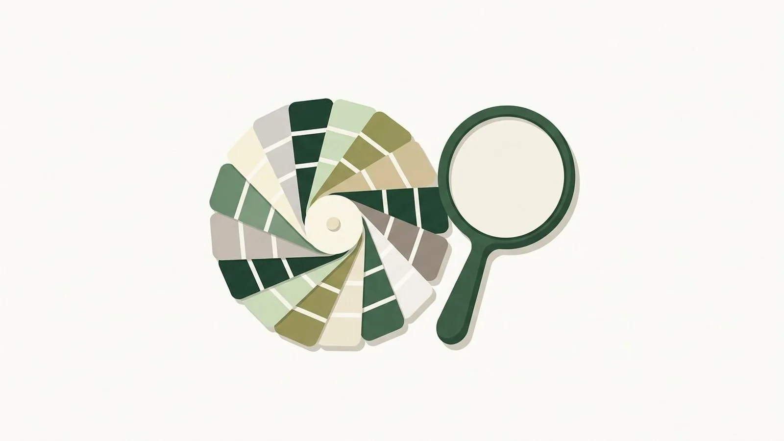 Flat editorial illustration of a paint swatch fan beside a hand mirror in forest green, sage and cream, for the guide The 12 Color Seasons Explained: Find Yours with Palette Swatches