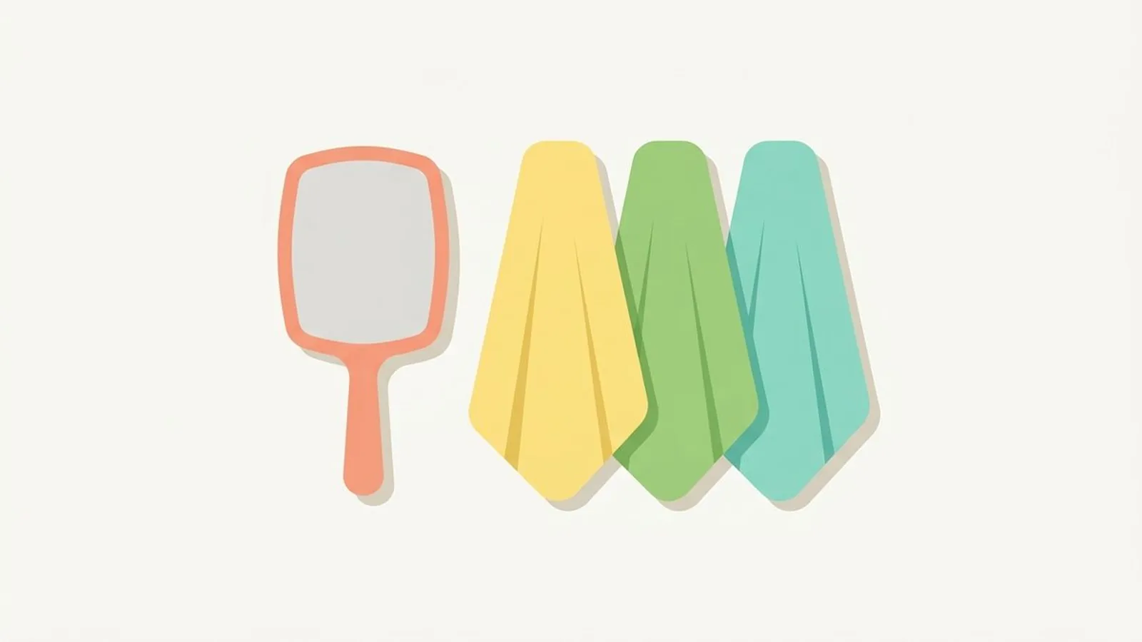 Flat editorial illustration of a hand mirror beside three fabric drapes in warm coral, butter yellow, fresh leaf green and aqua, for the guide Am I a Bright Spring? 7 Signs to Check