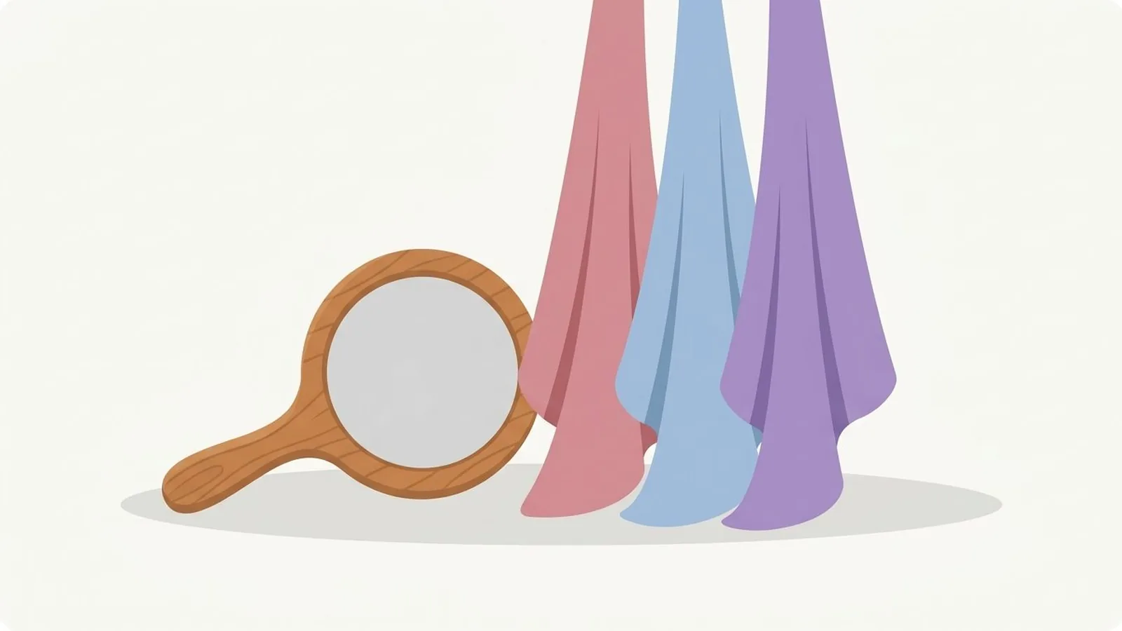 Flat editorial illustration of a hand mirror beside three fabric drapes in dusty rose, powder blue, lavender and soft grey, for the guide Am I a Cool Summer? The 7 Tells and How to Confirm It