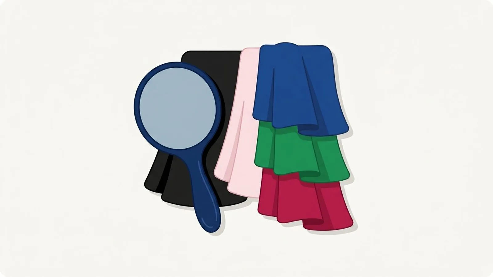 Flat editorial illustration of a hand mirror beside three fabric drapes in sapphire, emerald, ruby, black and icy pink, for the guide Cool Winter: The Crisp, Icy Season with Maximum Clarity