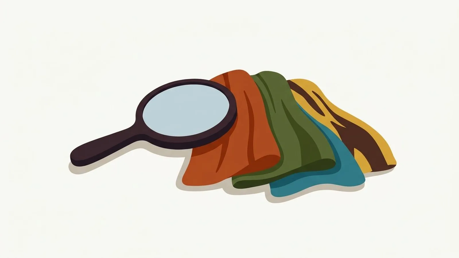 Flat editorial illustration of a hand mirror beside three fabric drapes in rust, olive, mustard, chocolate and teal, for the guide Deep Autumn: High-Contrast Warmth That Commands Attention