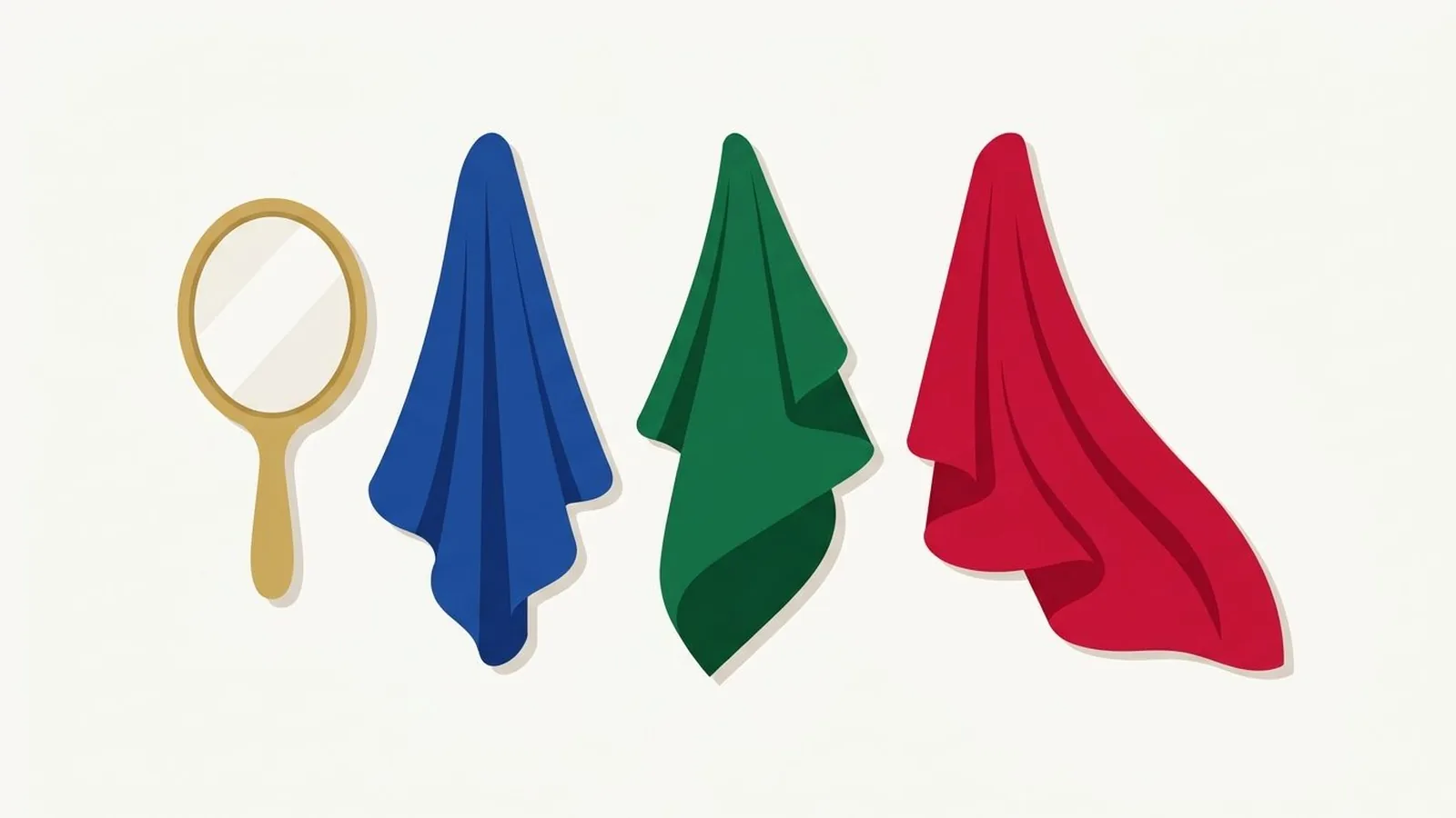 Flat editorial illustration of a hand mirror beside three fabric drapes in sapphire, emerald, ruby, black and icy pink, for the guide Deep Winter: Dark, Cool Coloring That Thrives in Bold Shades