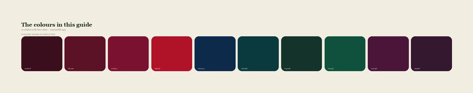 Swatch strip of the 10 colours named in this guide, with hex codes, starting with Black Cherry, Cool Burgundy, Garnet, True Red
