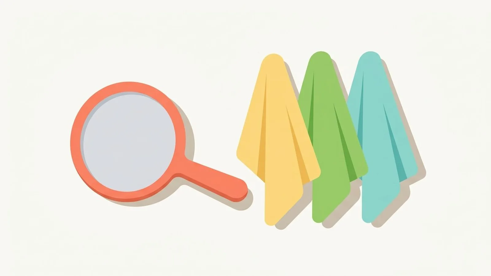 Flat editorial illustration of a hand mirror beside three fabric drapes in warm coral, butter yellow, fresh leaf green and aqua, for the guide Are You a Light Spring? Signs, Palette, and What Sets You Apart