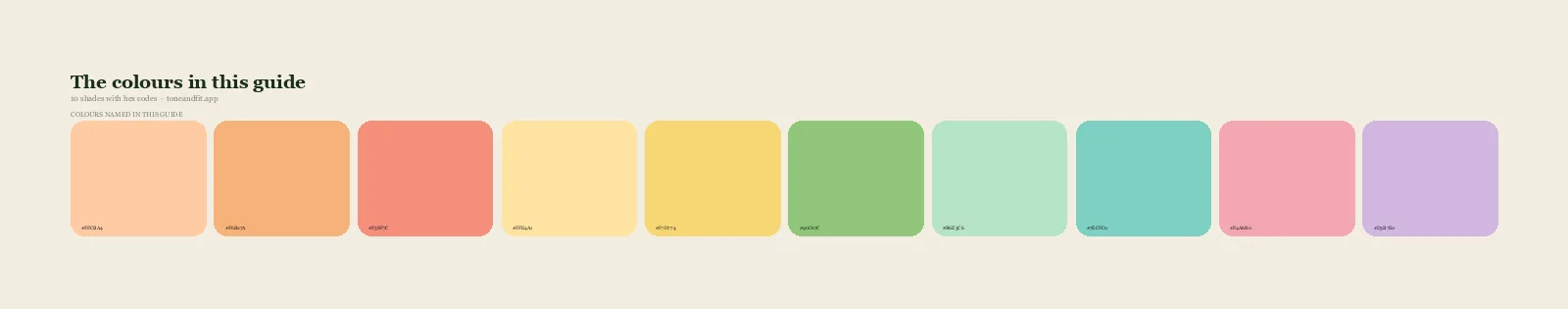 Swatch strip of the 10 colours named in this guide, with hex codes, starting with Peach, Apricot, Coral Pink, Buttercream