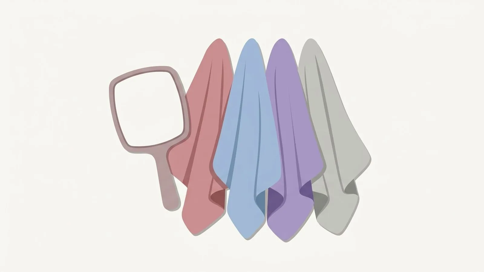 Flat editorial illustration of a hand mirror beside three fabric drapes in dusty rose, powder blue, lavender and soft grey, for the guide Light Summer: The Softest, Most Delicate Cool Season