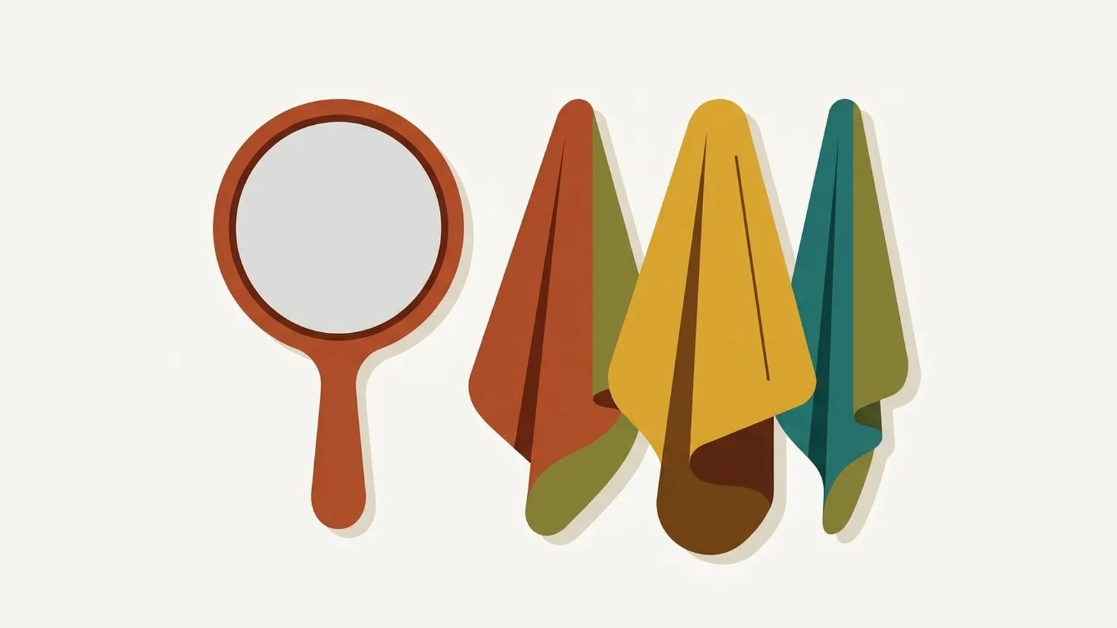 Flat editorial illustration of a hand mirror beside three fabric drapes in rust, olive, mustard, chocolate and teal, for the guide Soft Autumn: The Warm, Muted Season That Blends Warmth and Softness