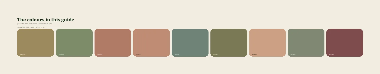 Swatch strip of the 9 colours named in this guide, with hex codes, starting with Soft Gold, Sage, Toasted Coral, Salmon