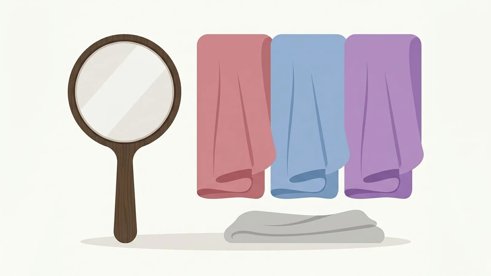Flat editorial illustration of a hand mirror beside three fabric drapes in dusty rose, powder blue, lavender and soft grey, for the guide Soft Summer: Why This Quietly Flattering Season Gets Overlooked