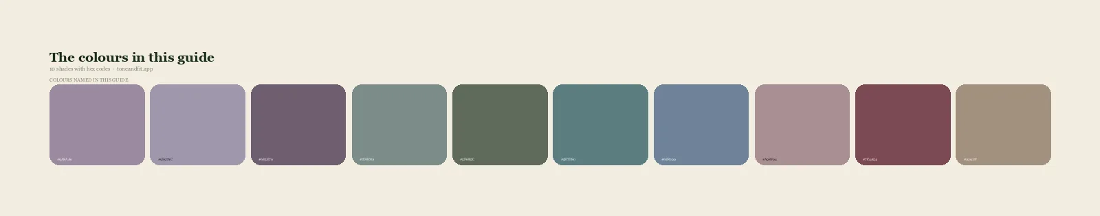 Swatch strip of the 10 colours named in this guide, with hex codes, starting with Dusty Mauve, Greyed Lavender, Soft Plum, Sage Grey