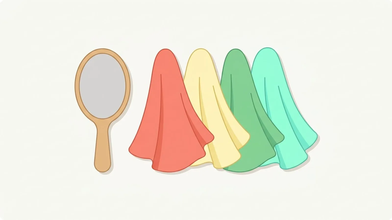 Flat editorial illustration of a hand mirror beside three fabric drapes in warm coral, butter yellow, fresh leaf green and aqua, for the guide True Spring: The Warmest, Brightest Spring Season Explained
