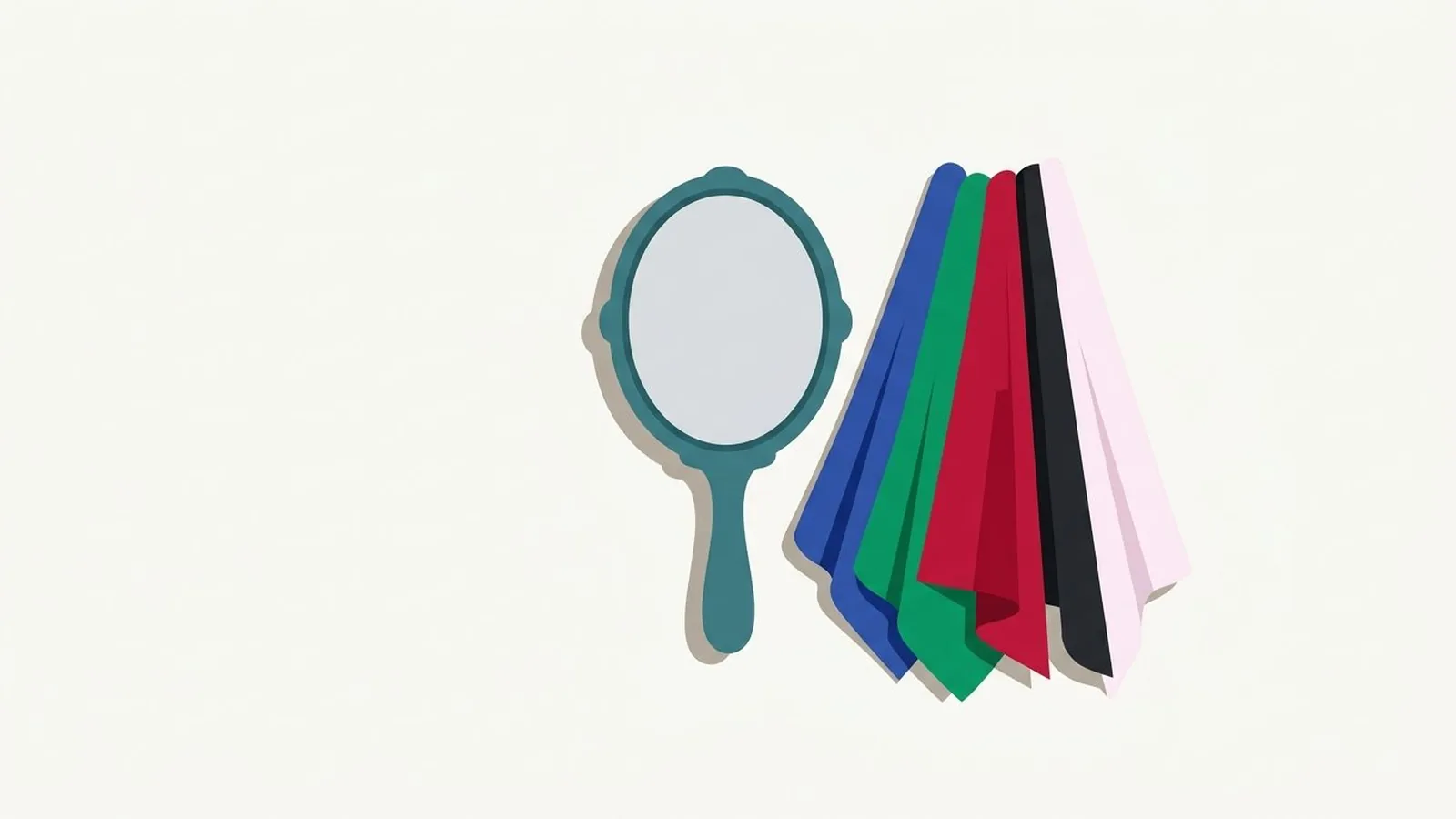 Flat editorial illustration of a hand mirror beside three fabric drapes in sapphire, emerald, ruby, black and icy pink, for the guide True Winter: The Boldest, Most Saturated Season in Color Analysis