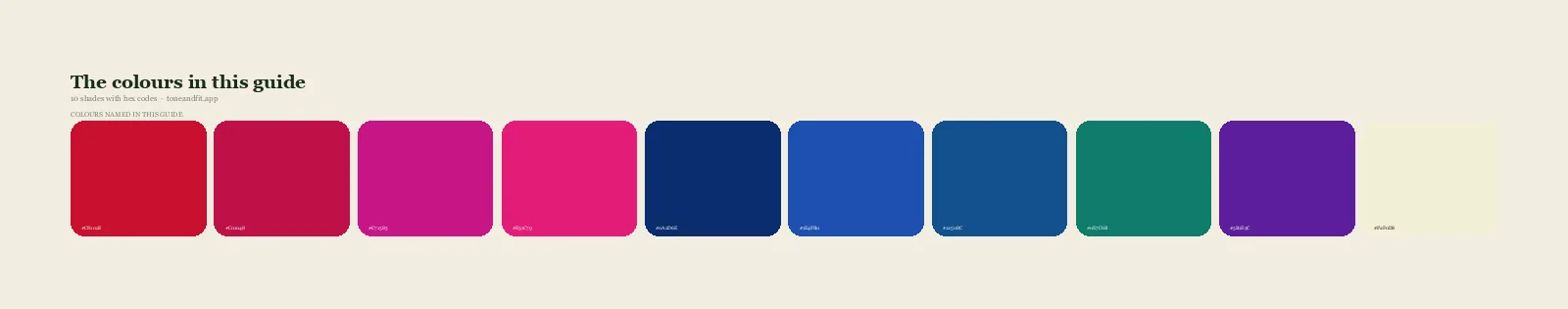 Swatch strip of the 10 colours named in this guide, with hex codes, starting with True Red, Cool Cherry, Fuchsia, Hot Pink