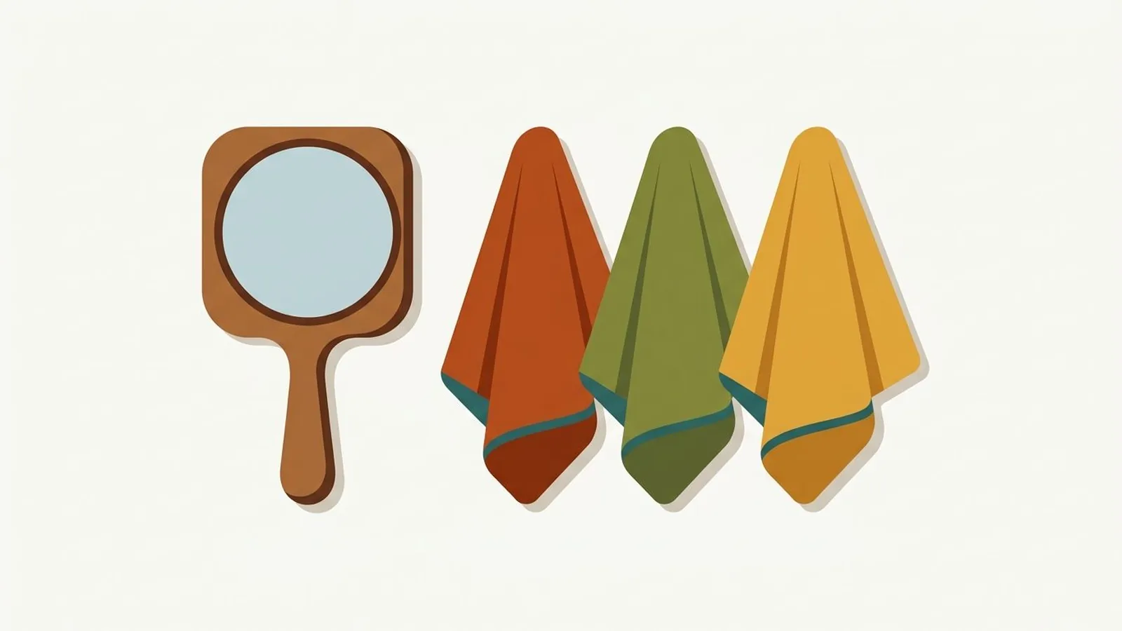 Flat editorial illustration of a hand mirror beside three fabric drapes in rust, olive, mustard, chocolate and teal, for the guide Warm Autumn: Rich, Golden Coloring That Glows in Earth Tones