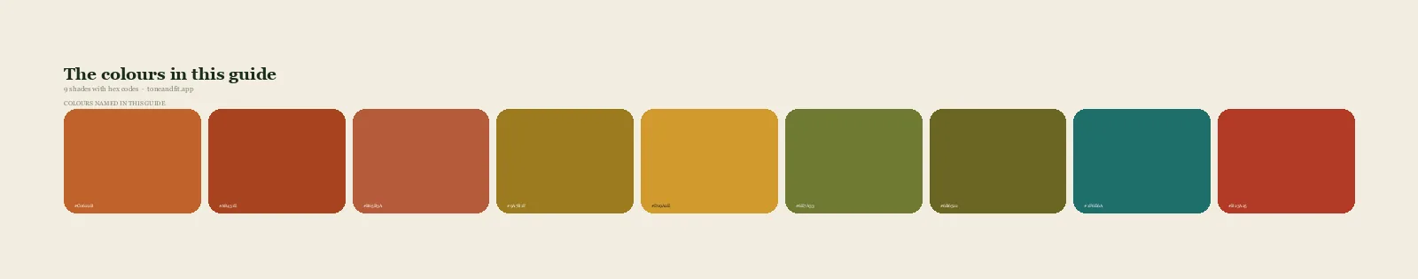 Swatch strip of the 9 colours named in this guide, with hex codes, starting with Pumpkin, Rust, Terracotta, Mustard