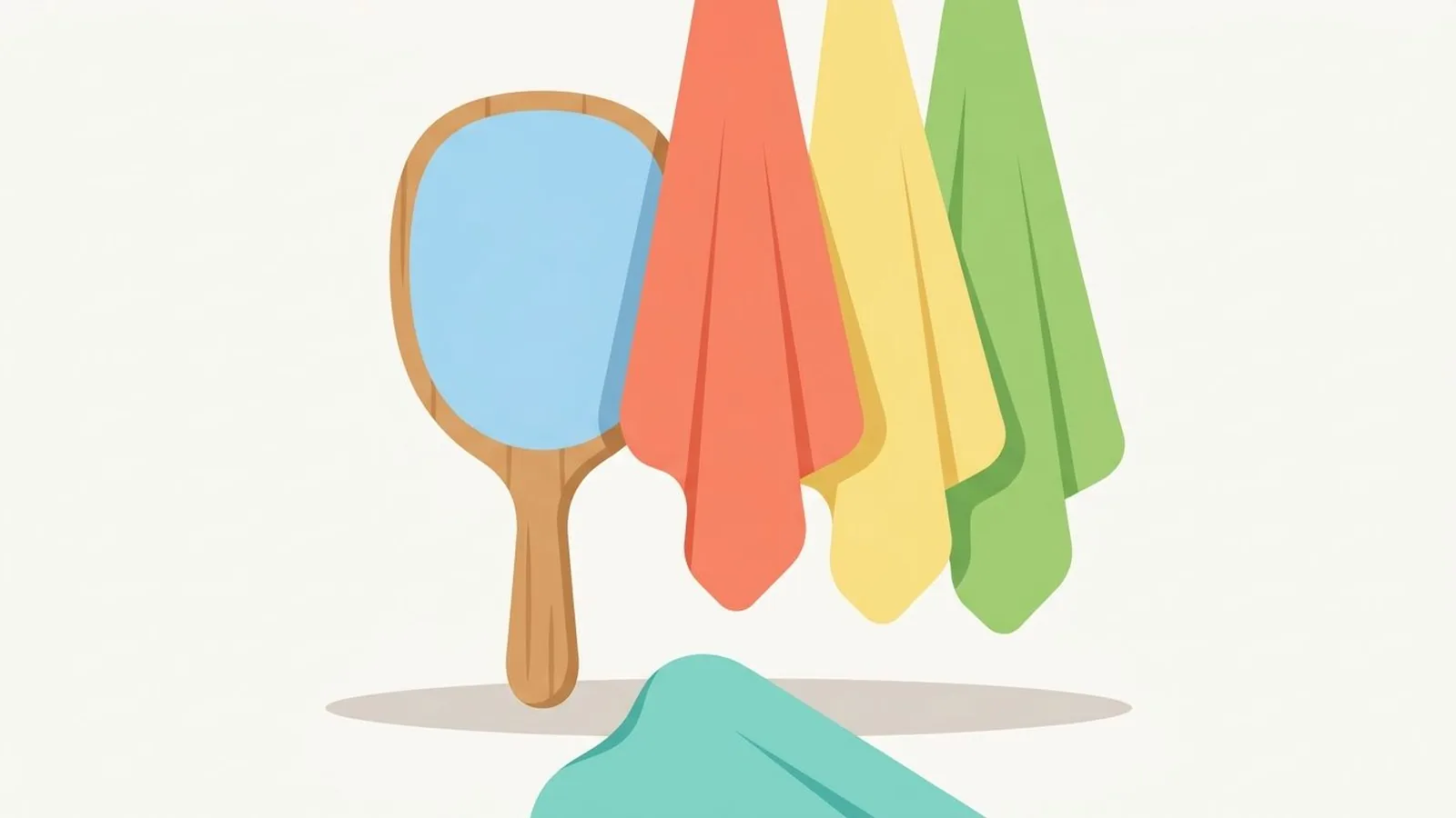 Flat editorial illustration of a hand mirror beside three fabric drapes in warm coral, butter yellow, fresh leaf green and aqua, for the guide Warm Spring Coloring: Do You Have These 7 Golden Traits?