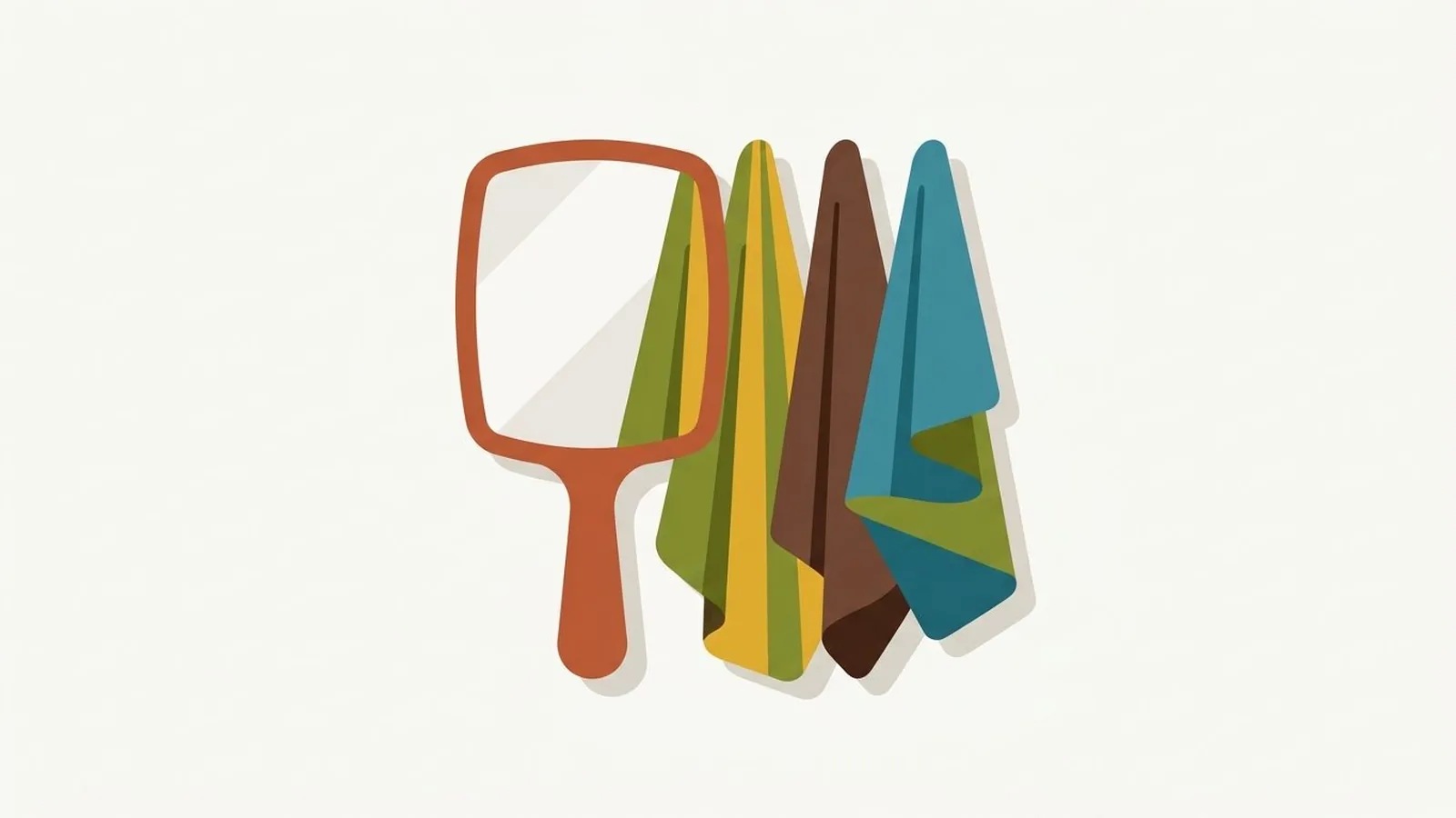 Flat editorial illustration of a hand mirror beside three fabric drapes in rust, olive, mustard, chocolate and teal, for the guide Am I an Autumn or a Winter? How to Tell the Two Apart