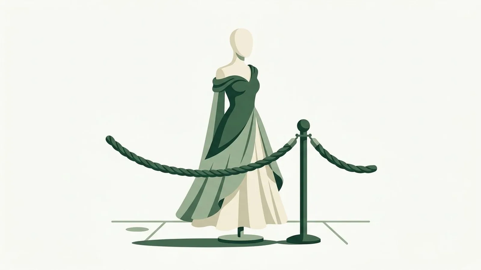 Flat editorial illustration of a red-carpet rope and a faceless mannequin bust in a gown in forest green, sage and cream, for the guide Anne Hathaway's Color Season, Analyzed