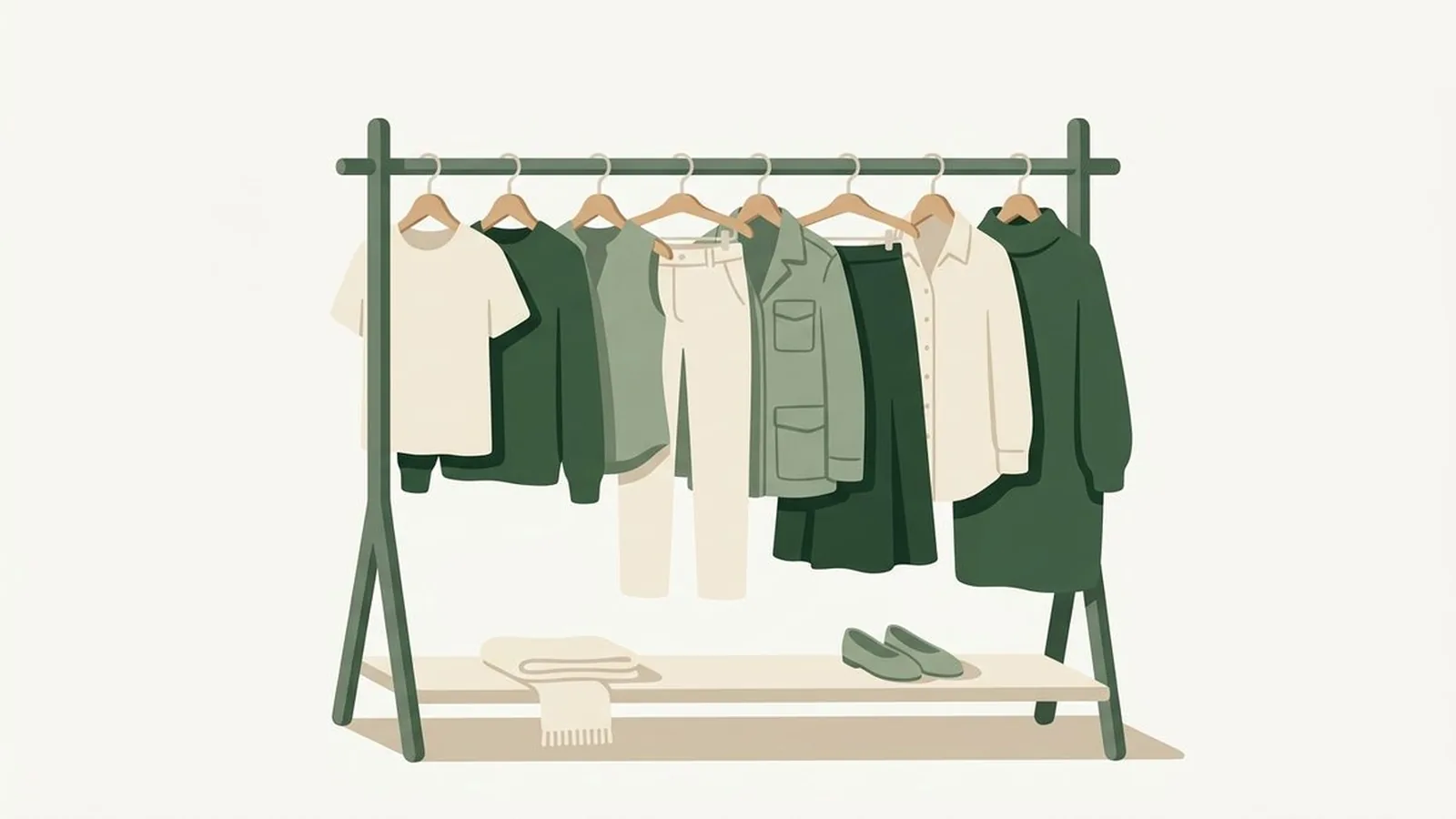Flat editorial illustration of a small capsule wardrobe rail with eight garments in forest green, sage and cream, for the guide Best Coat Color for Your Season