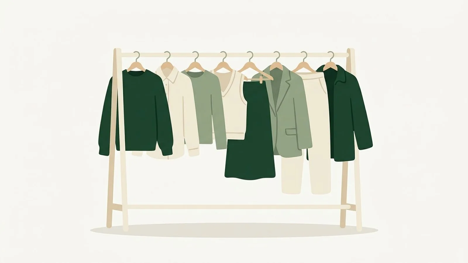 Flat editorial illustration of a wrist wearing a silver and a gold bangle beside a white card in forest green, sage and cream, for the guide Best Coat Colors for Your Skin Tone