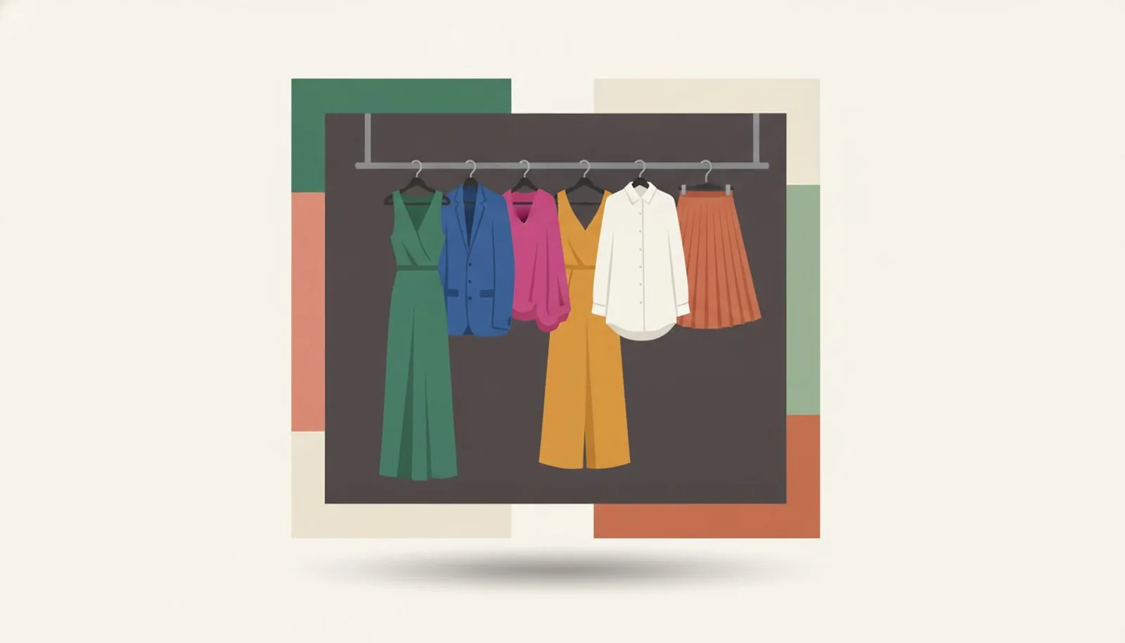 A rail of garments in emerald, cobalt, fuchsia, marigold, white and burnt orange against a deep espresso wall