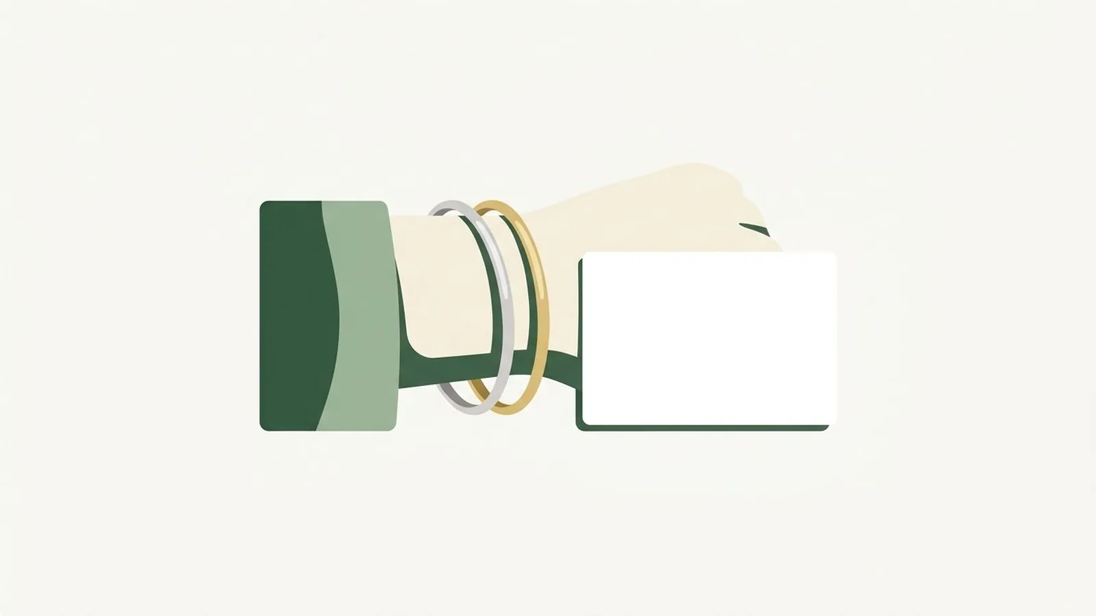 Flat editorial illustration of a wrist wearing a silver and a gold bangle beside a white card in forest green, sage and cream, for the guide Best Colors for Dark Skin Tones: The Complete Shade List