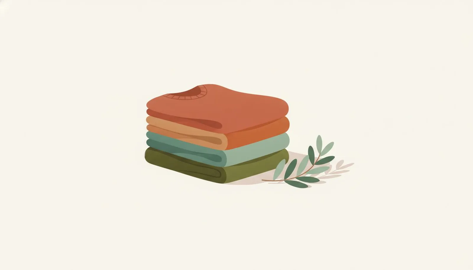 Folded knits in olive green, teal, camel, rust and terracotta beside a branch of olive leaves
