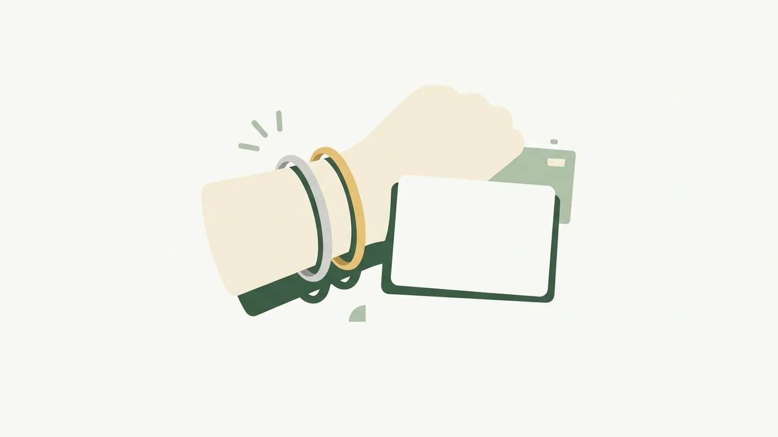 Flat editorial illustration of a wrist wearing a silver and a gold bangle beside a white card in forest green, sage and cream, for the guide Best Colors for Olive Skin Tone: The Complete Shade List