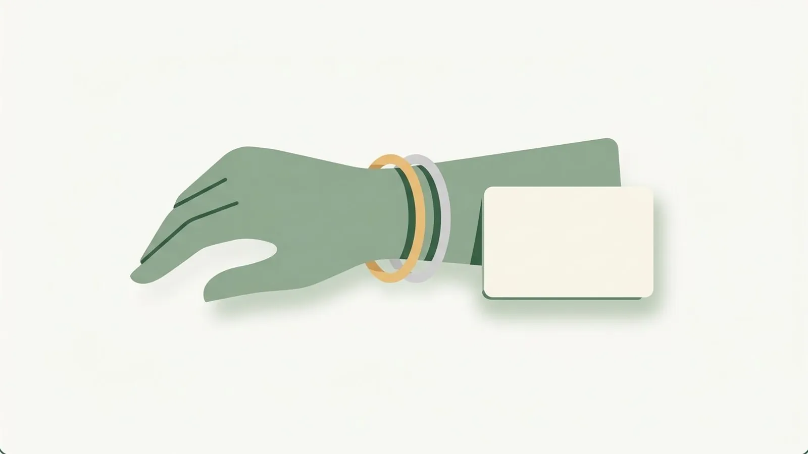 Flat editorial illustration of a wrist wearing a silver and a gold bangle beside a white card in forest green, sage and cream, for the guide Best Colors for Pale Skin: What Actually Works
