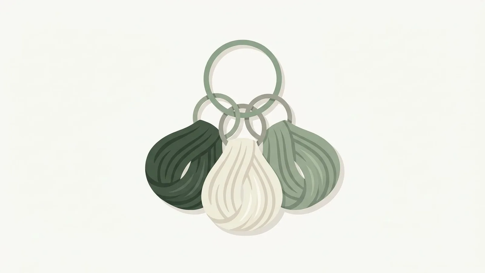 Flat editorial illustration of three hair swatch rings on a loop in forest green, sage and cream, for the guide How to Pick the Best Hair Color for Your Skin Tone and Season