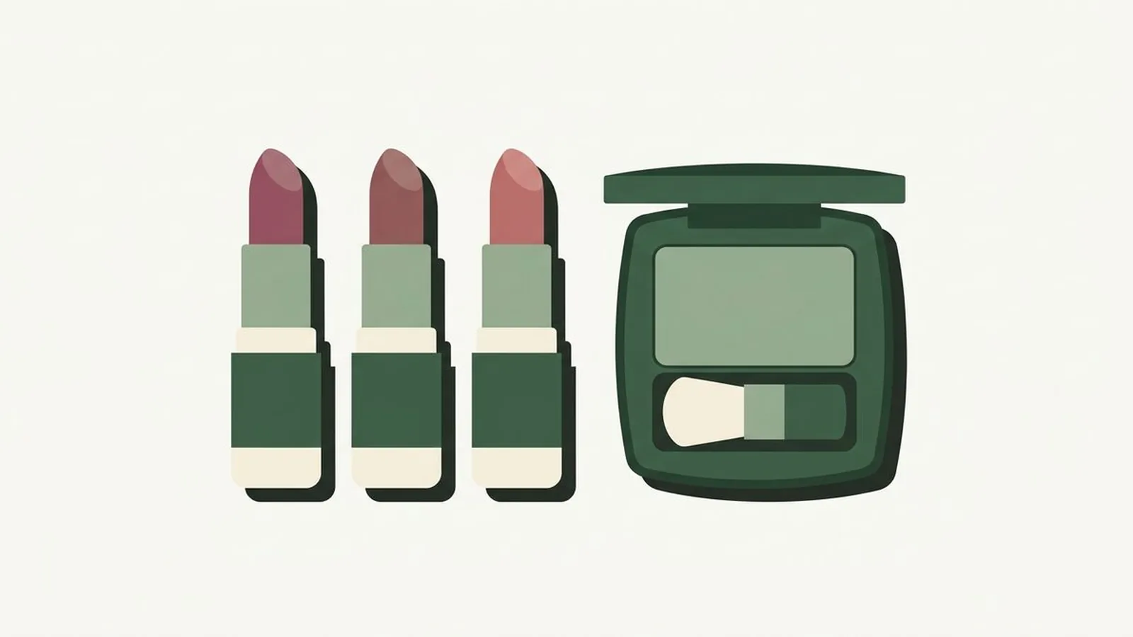 Flat editorial illustration of a lipstick trio and a blush compact in forest green, sage and cream, for the guide Best Lipstick by Color Season: 12 Picks