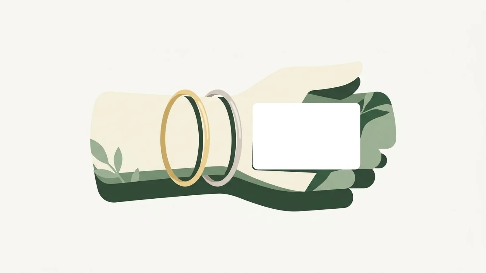 Flat editorial illustration of a wrist wearing a silver and a gold bangle beside a white card in forest green, sage and cream, for the guide Best Lipstick Colors for Your Undertone: Warm, Cool, Neutral, and Olive