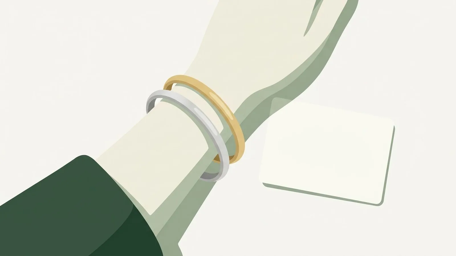 Flat editorial illustration of a wrist wearing a silver and a gold bangle beside a white card in forest green, sage and cream, for the guide Best Nail Colors for Your Skin Undertone and Color Season