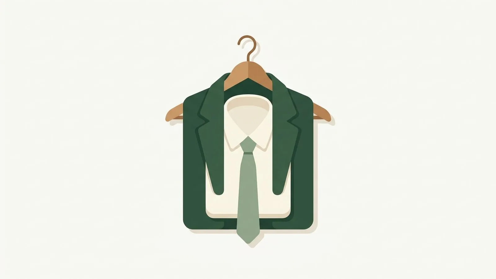 Flat editorial illustration of a folded suit jacket, shirt and tie on a wooden hanger in forest green, sage and cream, for the guide Best Shirt Colors for Men by Skin Tone