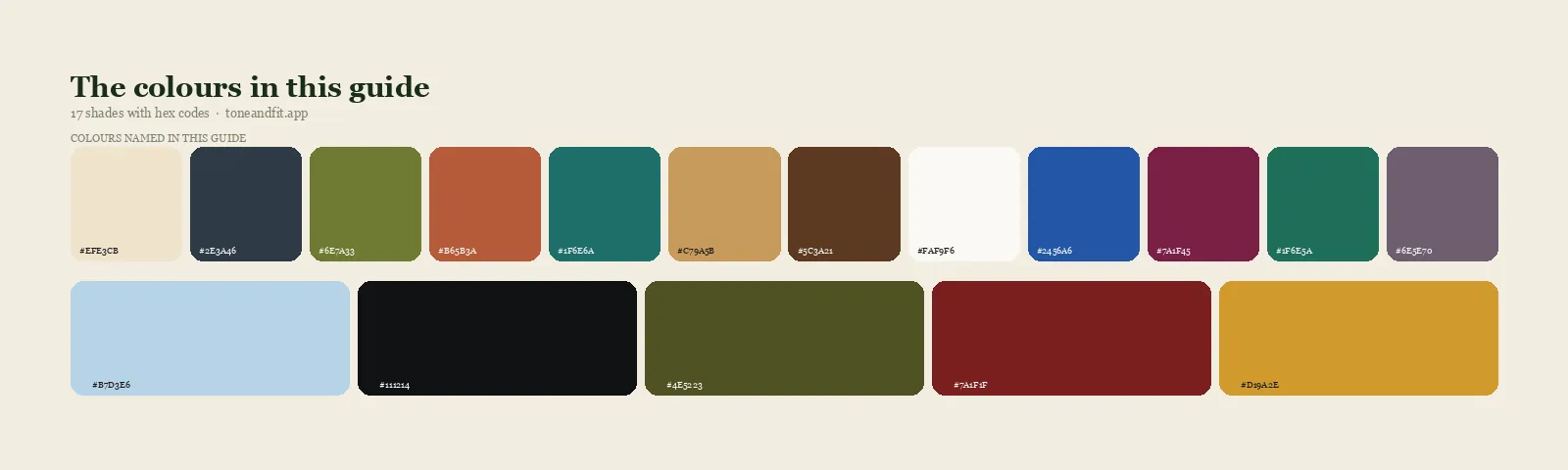 Swatch strip of the 17 colours named in this guide, with hex codes, starting with Cream, Warm Navy, Olive, Terracotta