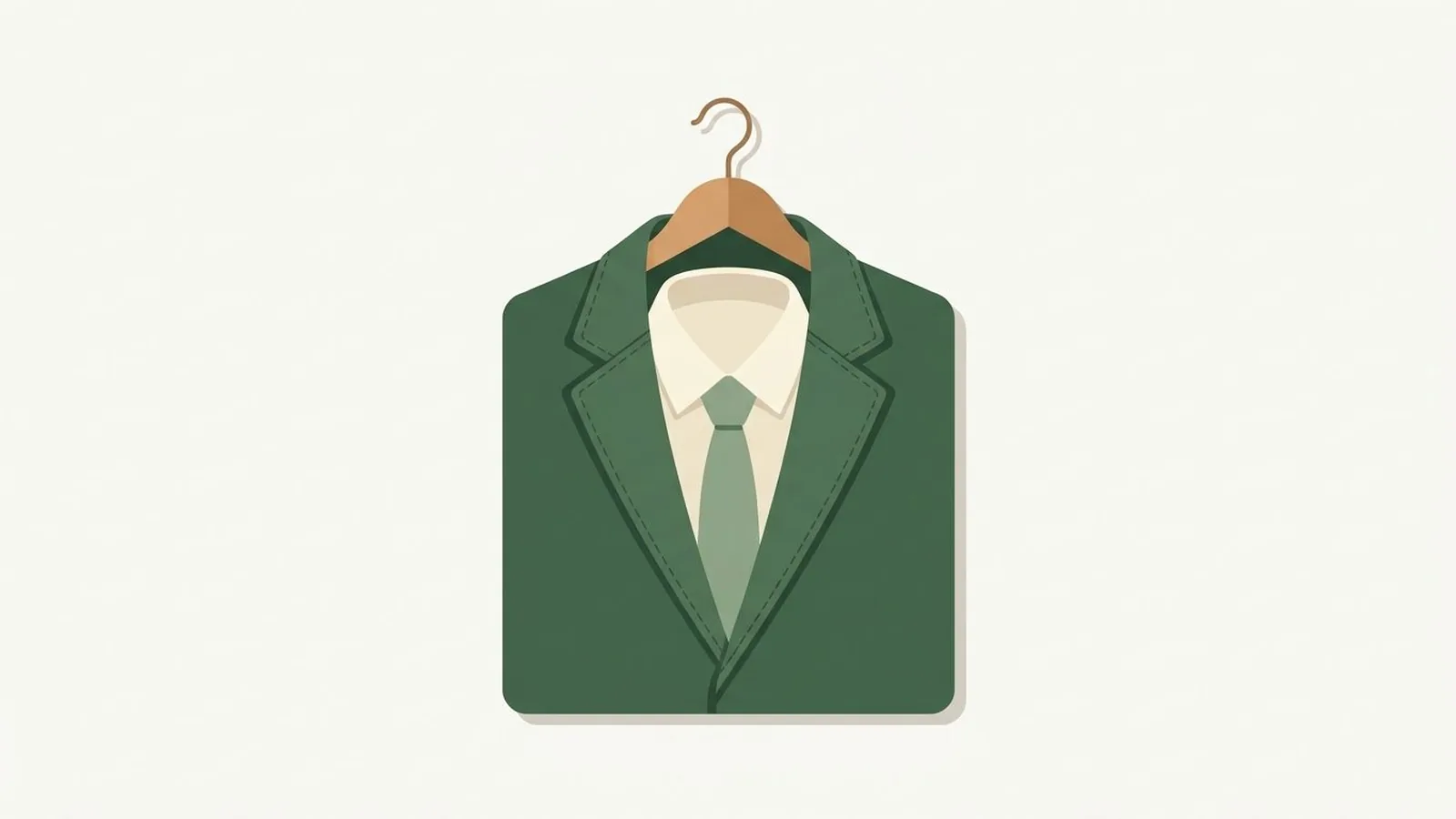 Flat editorial illustration of a folded suit jacket, shirt and tie on a wooden hanger in forest green, sage and cream, for the guide Best Suit Colors for Your Color Season