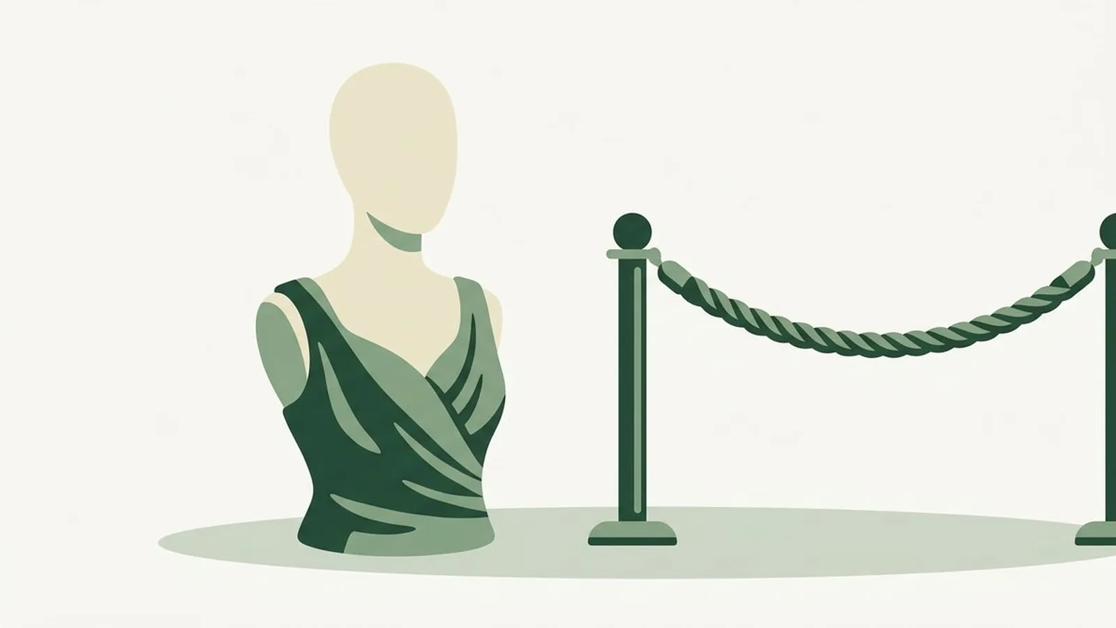 Flat editorial illustration of a red-carpet rope and a faceless mannequin bust in a gown in forest green, sage and cream, for the guide Blake Lively's Color Season, Analyzed
