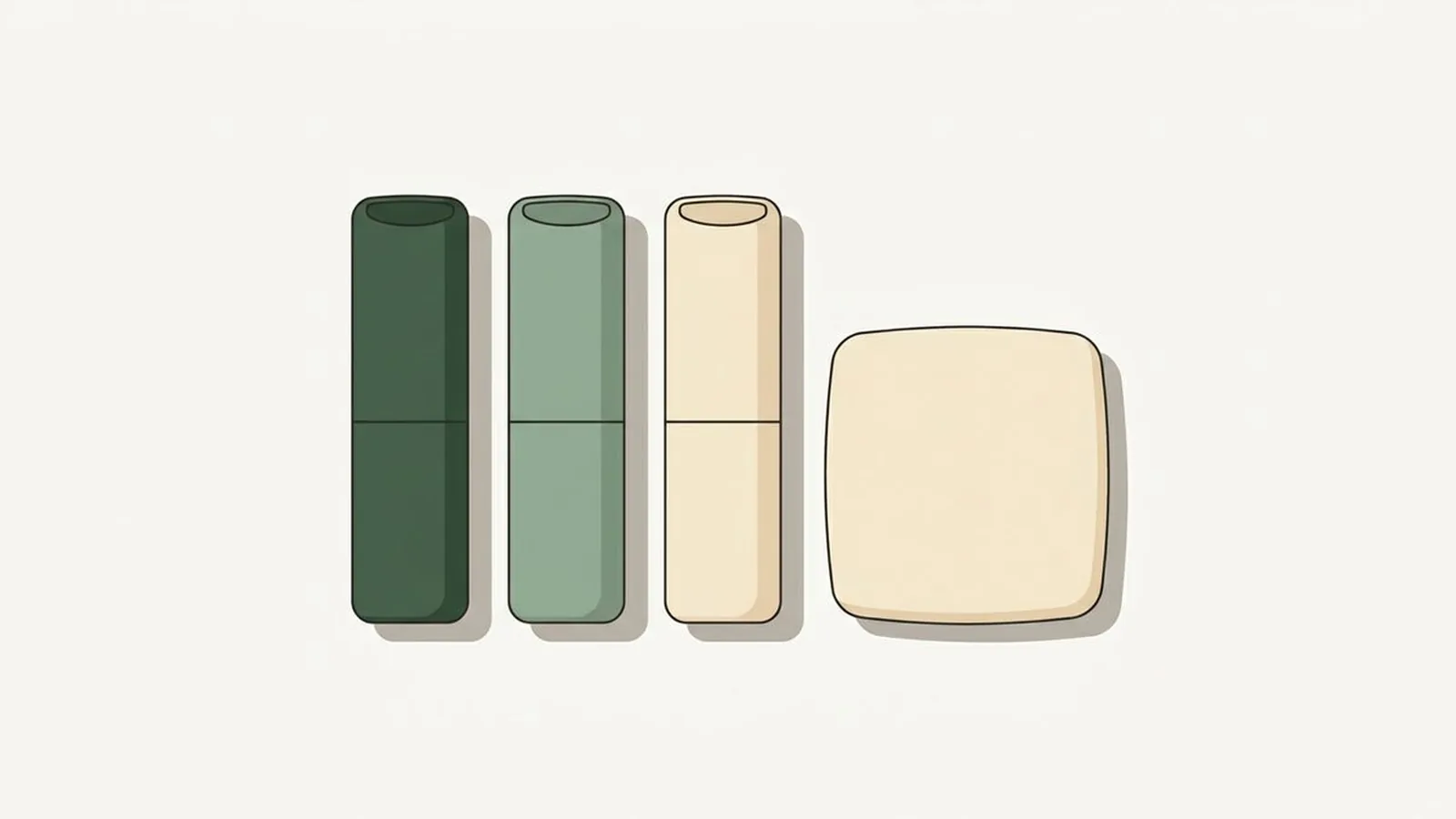 Flat editorial illustration of a lipstick trio and a blush compact in forest green, sage and cream, for the guide Blush by Undertone: Warm, Cool, Neutral