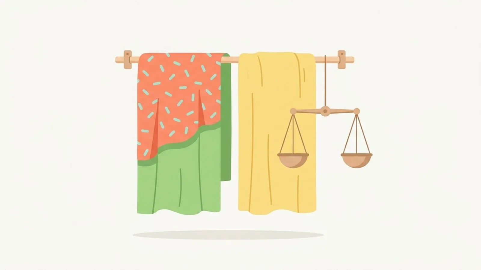 Flat editorial illustration of two fabric drapes side by side with a small balance scale in warm coral, butter yellow, fresh leaf green and aqua, for the guide Bright Spring vs Bright Winter: The Difference