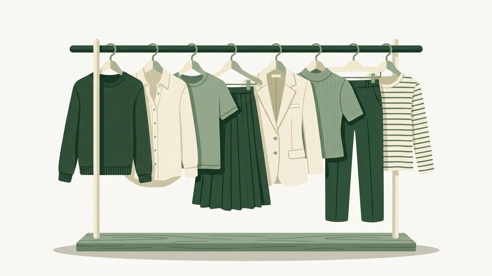 Flat editorial illustration of a small capsule wardrobe rail with eight garments in forest green, sage and cream, for the guide Build a Capsule Wardrobe Around Your Color Season