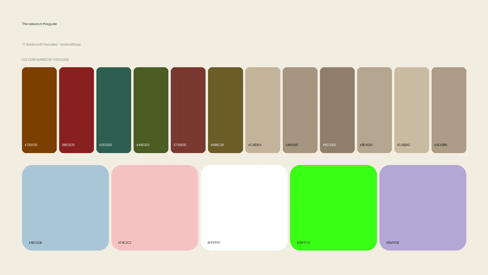 Swatch strip of the 17 colours named in this guide, with hex codes, starting with Chocolate Brown, Deep Warm Burgundy, Deep Warm Teal, Dark Olive