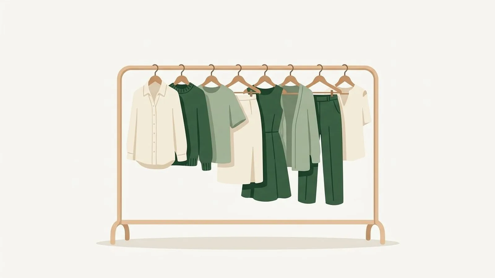Flat editorial illustration of a small capsule wardrobe rail with eight garments in sapphire, emerald, ruby, black and icy pink, for the guide Deep Winter Capsule Wardrobe: 20 Pieces