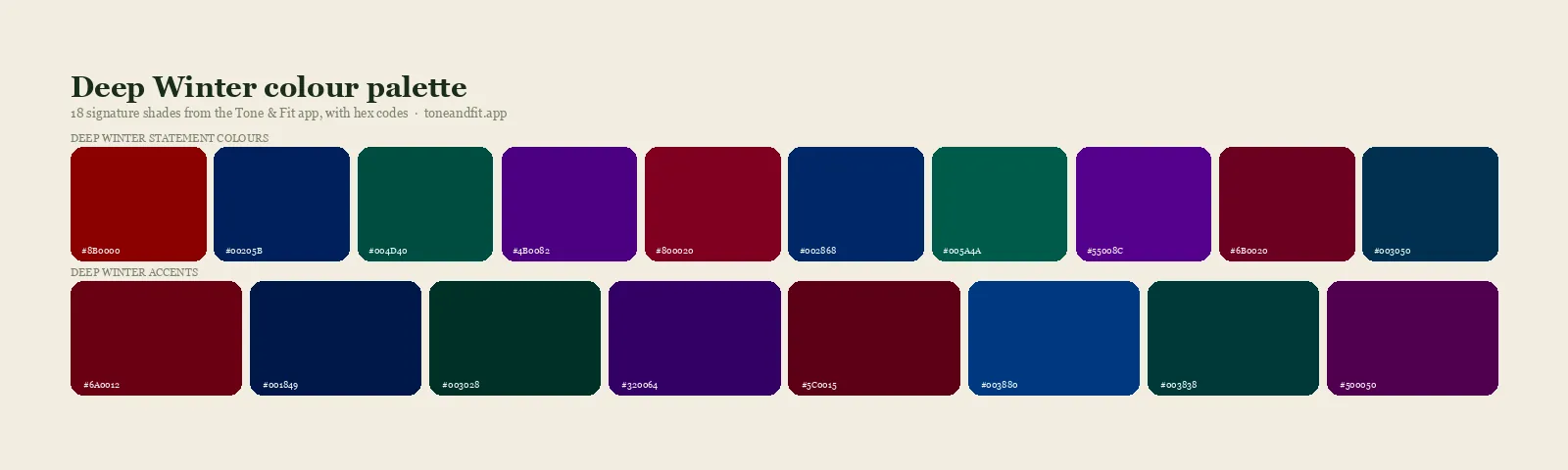 Deep Winter colour palette strip: ten statement shades and eight accents from the Tone & Fit app, with hex codes