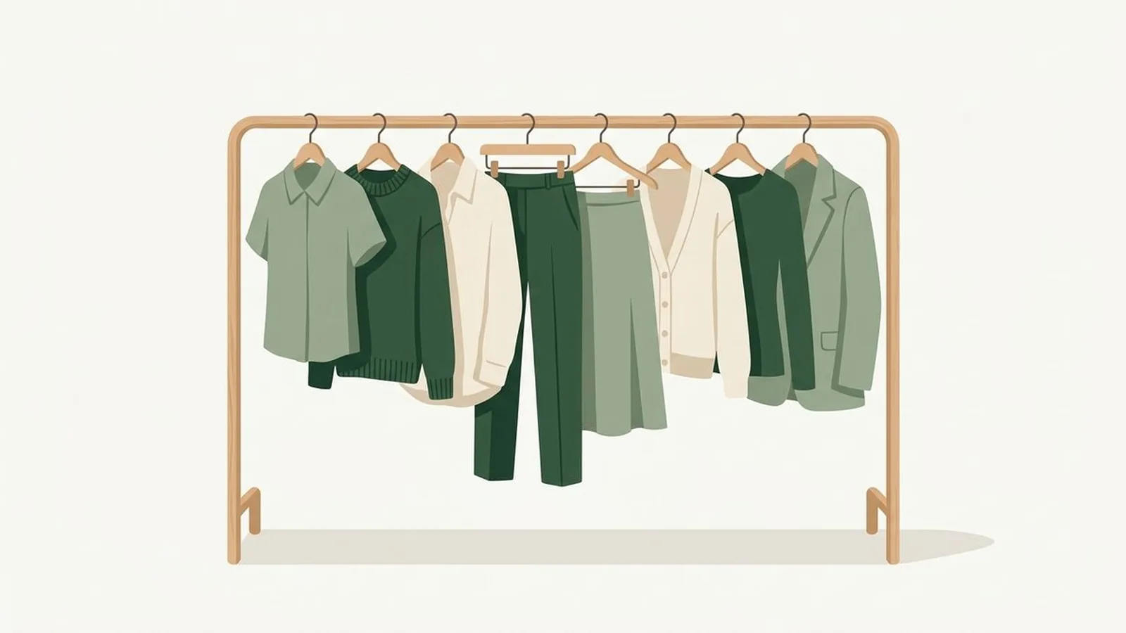 Flat editorial illustration of a small capsule wardrobe rail with eight garments in dusty rose, powder blue, lavender and soft grey, for the guide Light Summer Capsule Wardrobe: 20 Pieces