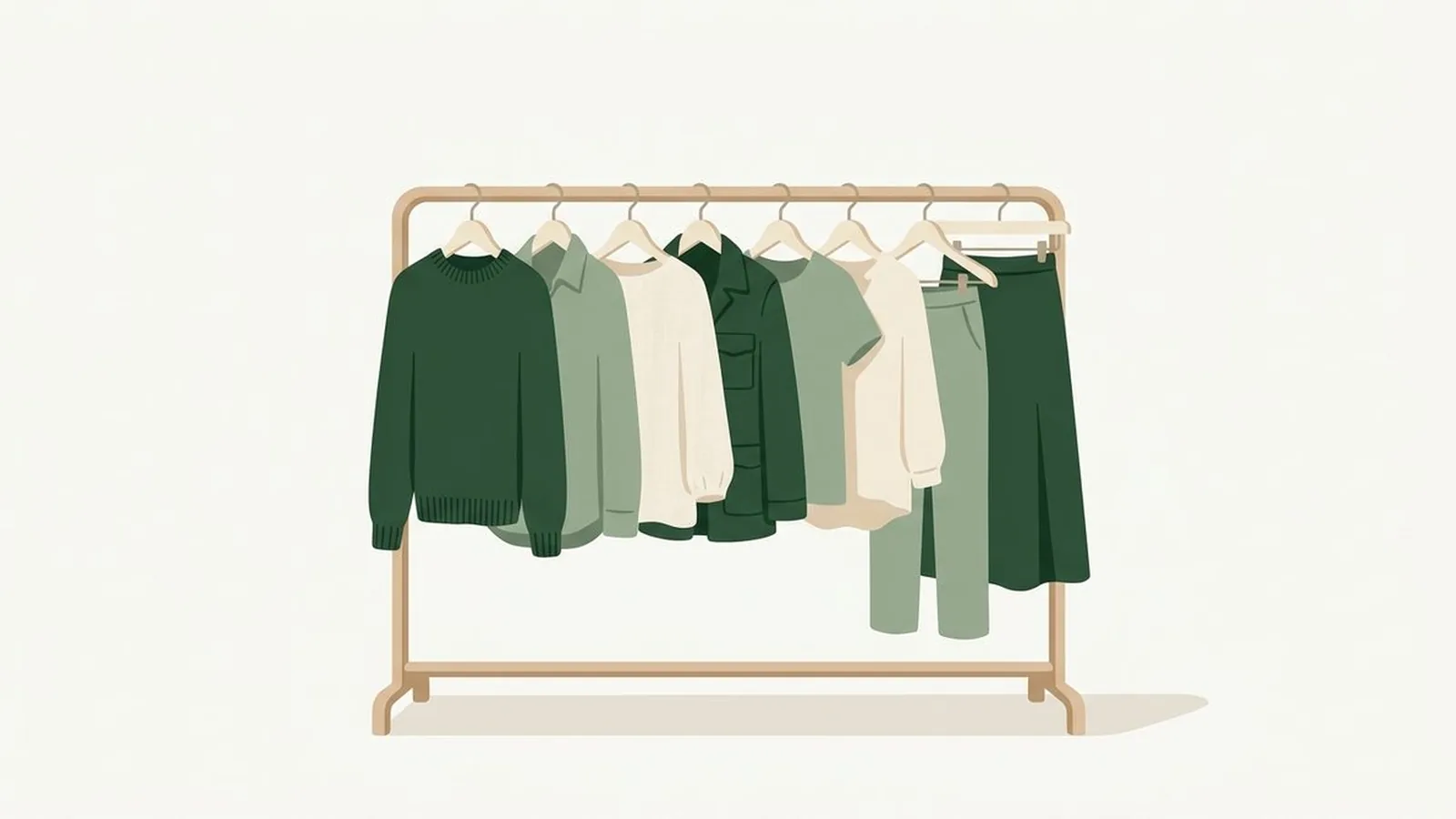 Flat editorial illustration of a small capsule wardrobe rail with eight garments in rust, olive, mustard, chocolate and teal, for the guide Soft Autumn Capsule Wardrobe: 20 Pieces