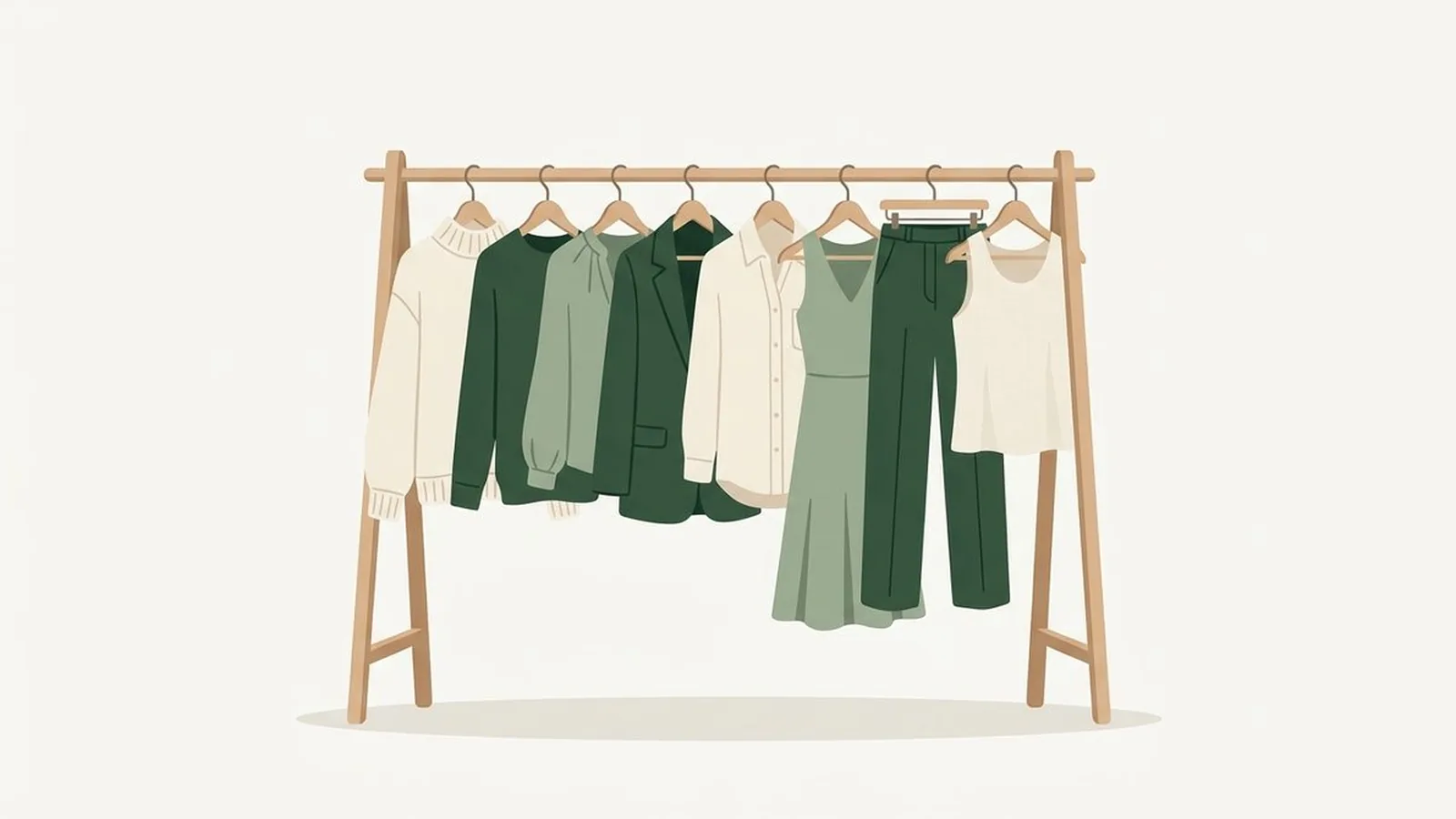 Flat editorial illustration of a small capsule wardrobe rail with eight garments in warm coral, butter yellow, fresh leaf green and aqua, for the guide Warm Spring Capsule Wardrobe: 20 Pieces
