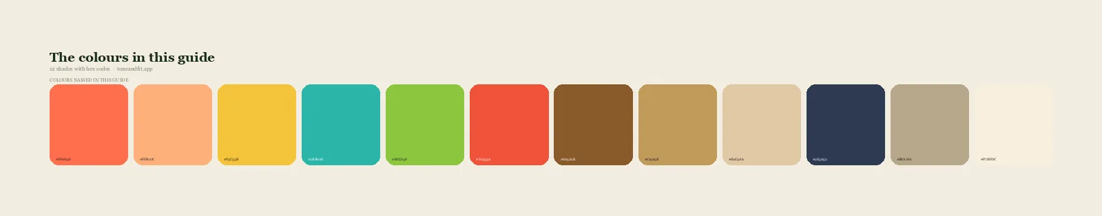 Swatch strip of the 12 colours named in this guide, with hex codes, starting with Coral, Peach, Golden Yellow, Warm Turquoise