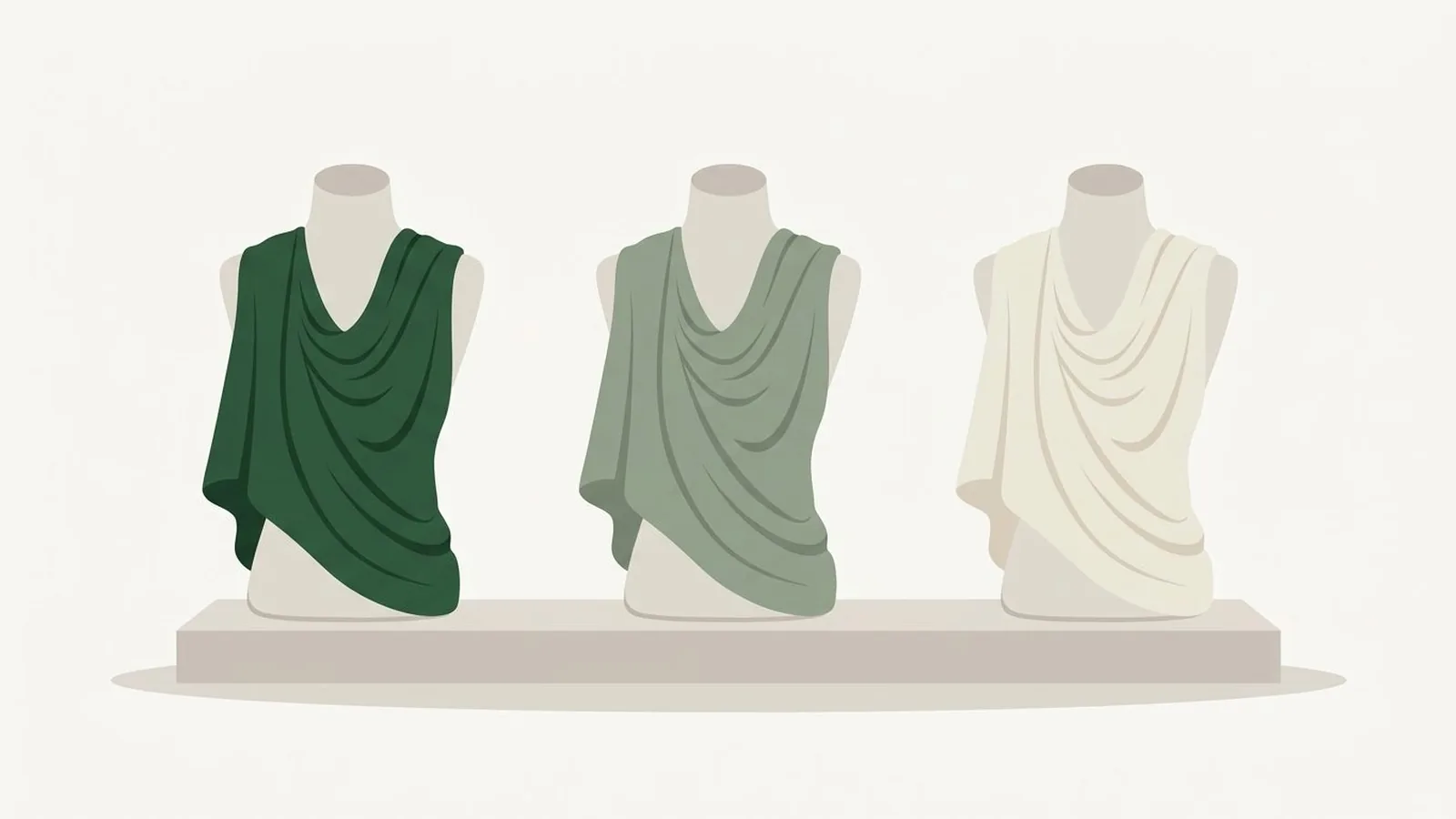 Flat editorial illustration of three faceless mannequin busts wearing draped fabric in forest green, sage and cream, for the guide Taylor Swift Is a Light Summer: Her Color Season, Skin Tone and the Evidence