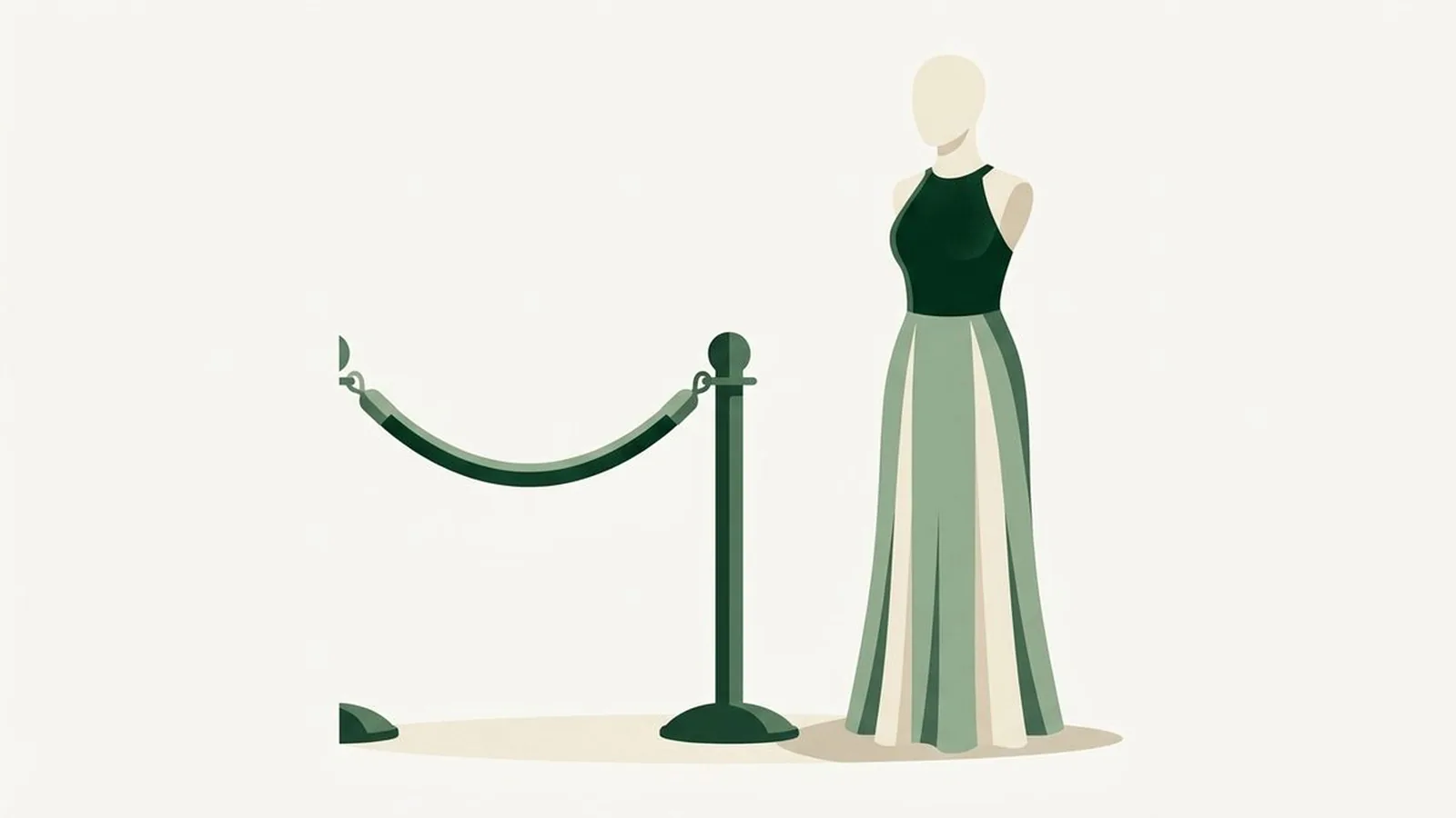 Flat editorial illustration of a red-carpet rope and a faceless mannequin bust in a gown in forest green, sage and cream, for the guide Zendaya's Color Season, Analyzed