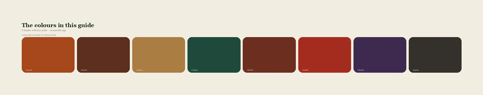 Swatch strip of the 8 colours named in this guide, with hex codes, starting with Burnt Orange, Chocolate, Deep Camel, Pine Green